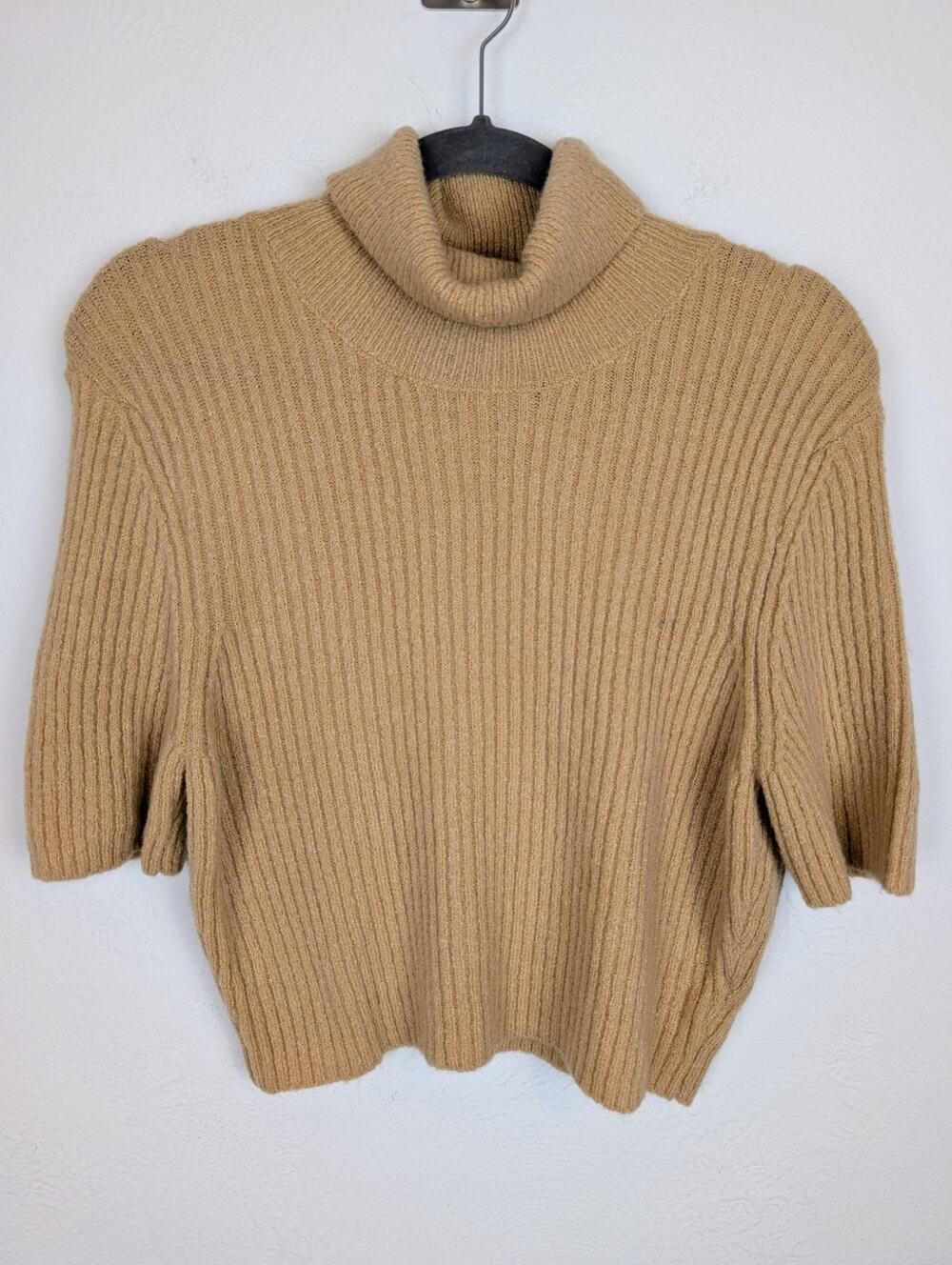 House of Harlow Sweater Turtleneck Short Sleeves Ribbed Knit Neutral Tan Size M